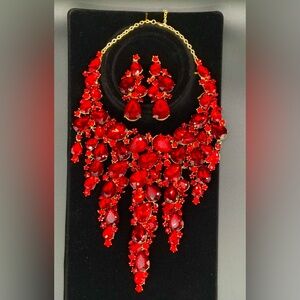Red Statement Necklace & Earring Set (Christine Collection)